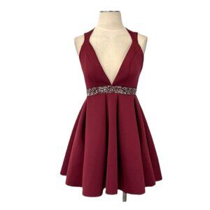 ASOS Fit & Flare Mini Dress 8 Cocktail Plunge V Neck Skater Embellished Burgundy